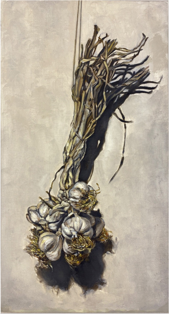 “Sarımsaklı” İsimsiz, 2018 
Tuval üzerine yağlı boya 
65*35 cm / 
Untitled “With Garlic”, 2018 
Oil on canvas 
65*35 cm
